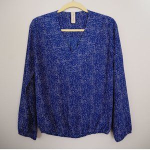 Allison Joy Blue and White Printed V Neck Long Sleeve Shirt Size S